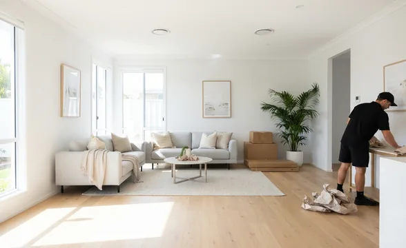 Legendz Removals crew unpacking and styling a display home living room