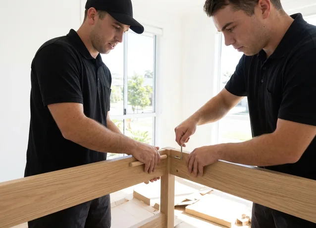 Legendz crew assembling a timber bed frame in a display home